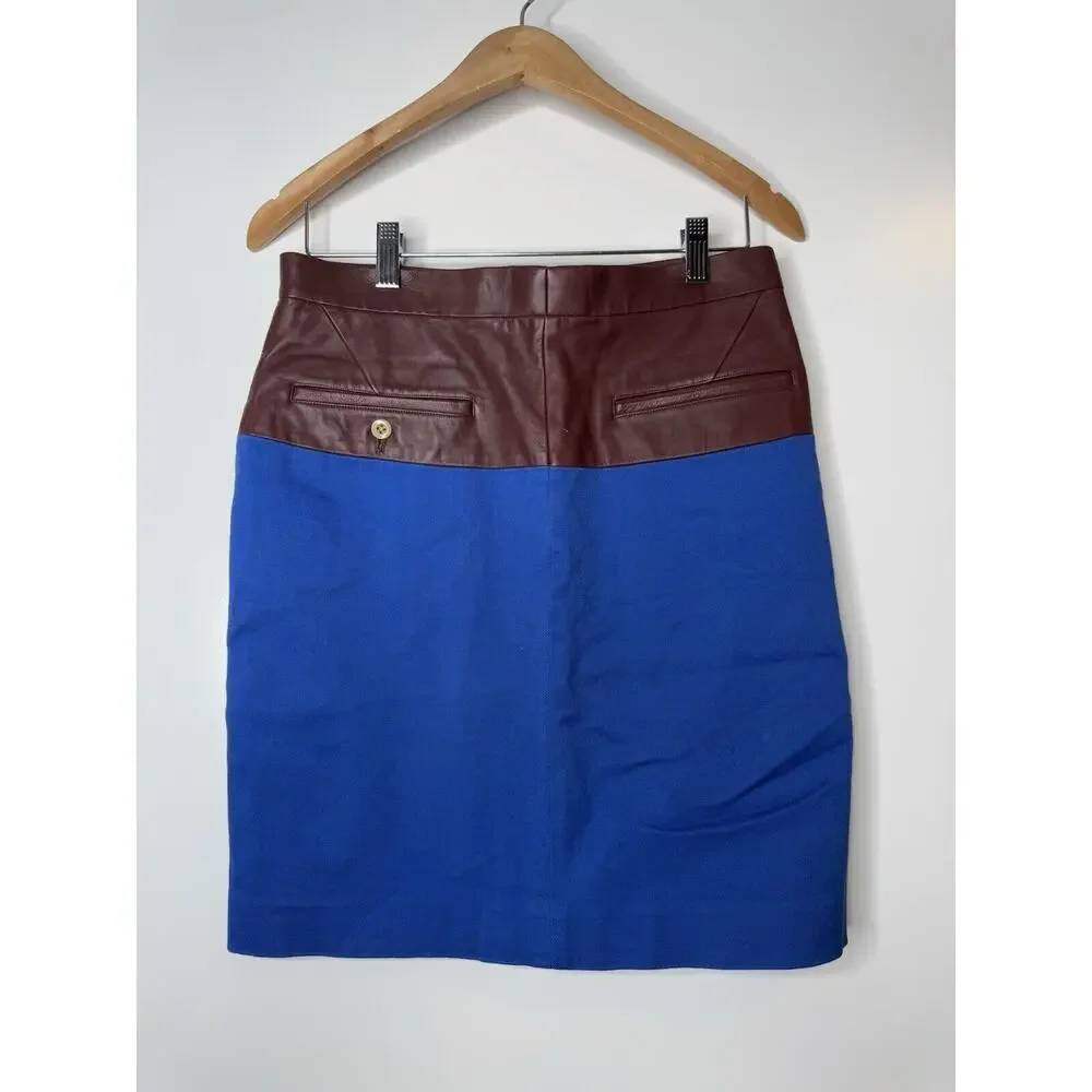 SCYE Midi Skirt 38 Blue Stretch Brown Leather Pencil Lined With Pockets Japan - Picture 5 of 13